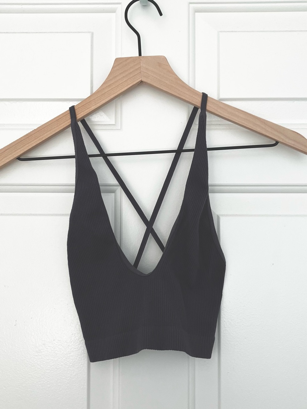 Free People Ribbed Seamless Cross-Back Bralette in Charcoal